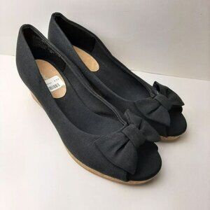 AMERICAN EAGLE AE New Peep Toe Bow Espadrille Cork Wedge Shoe Heels Black Sz 4.5
